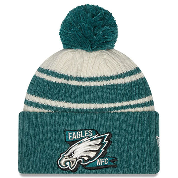 New Era Youth New Era Cream/Green Philadelphia Eagles 2022 Sideline Sport  Cuffed Pom Knit Hat