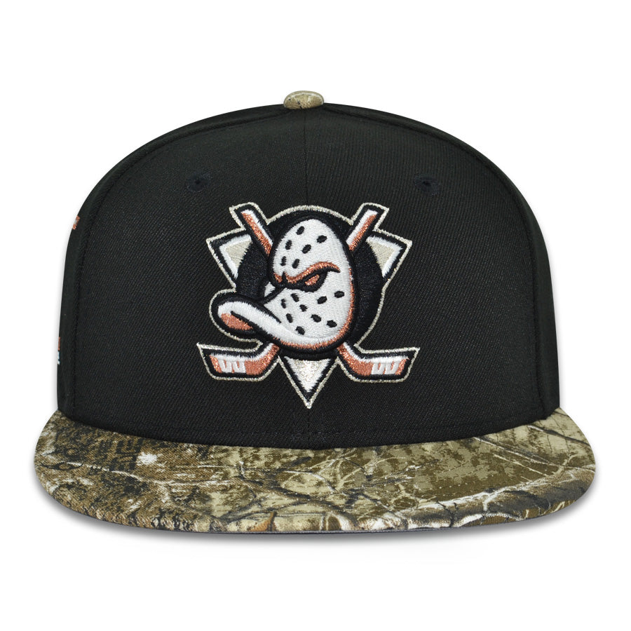 Anaheim Ducks "NEVER DUCKIN" Exclusive New Era 59Fifty Fitted Hat - Black/Real Tree