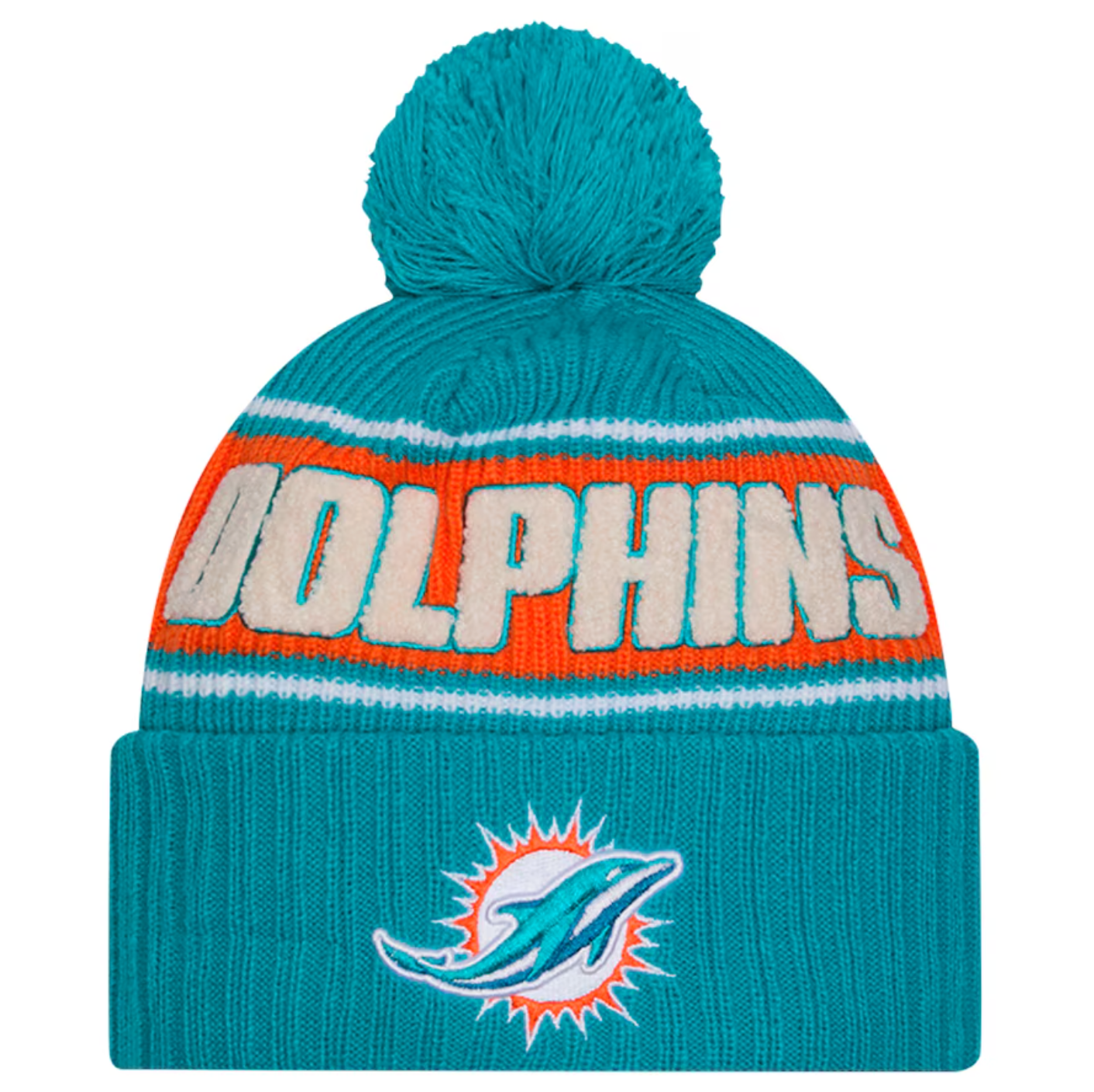 Miami Dolpins New Era 2024 NFL Sideline Sport Cuffed Pom Knit Hat - Aqua/Orange