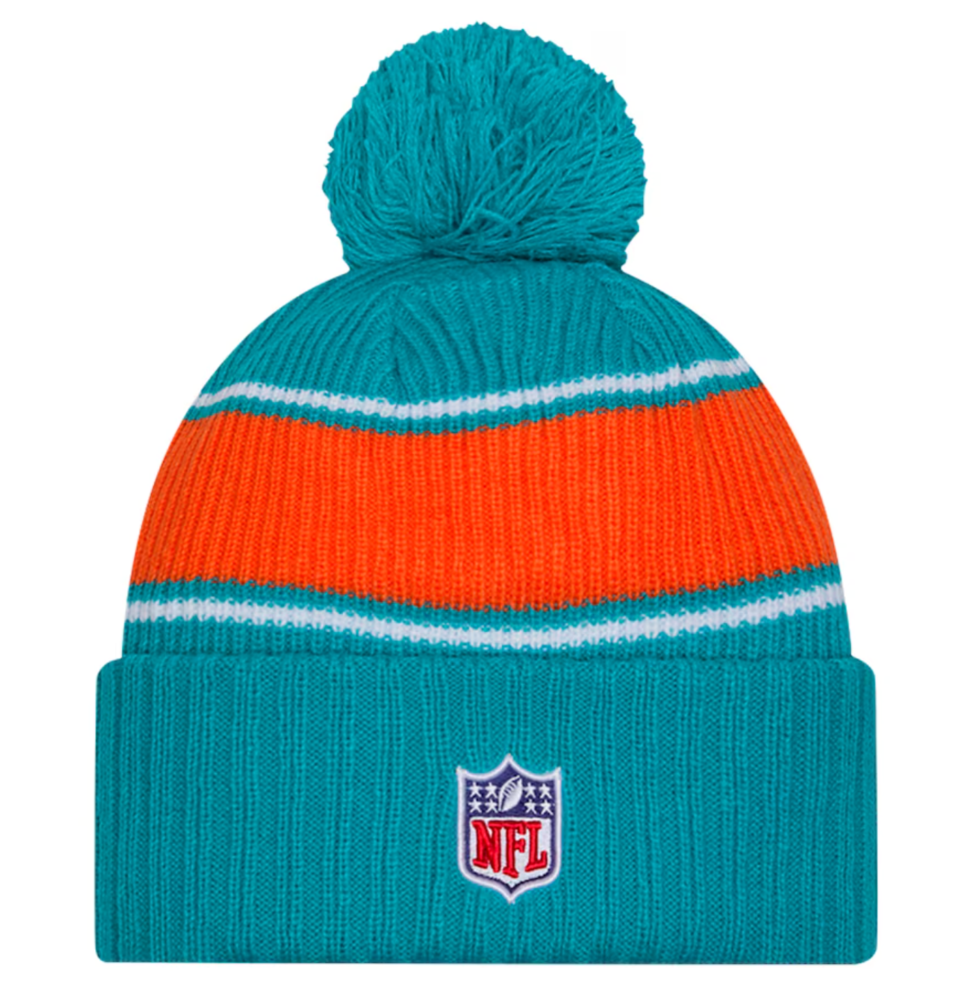 Miami Dolpins New Era 2024 NFL Sideline Sport Cuffed Pom Knit Hat - Aqua/Orange