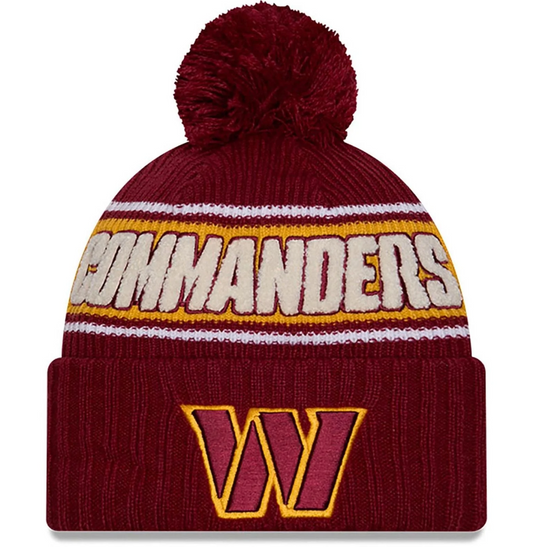 Washington Commanders New Era 2024 NFL Sideline Sport Cuffed Pom Knit Hat - Burgundy/Yellow