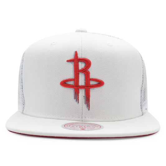 Houston Rockets NBA Mitchell & Ness COOL DOWN Trucker Mesh Snapback Hat - White/Red