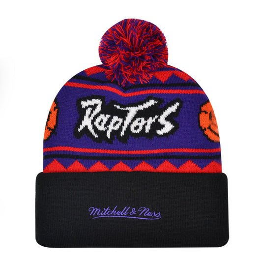 Toronto Raptors Mitchell & Ness ISLAND Cuffed Pom Beanie Knit NBA Hat - Purple/Red/Black