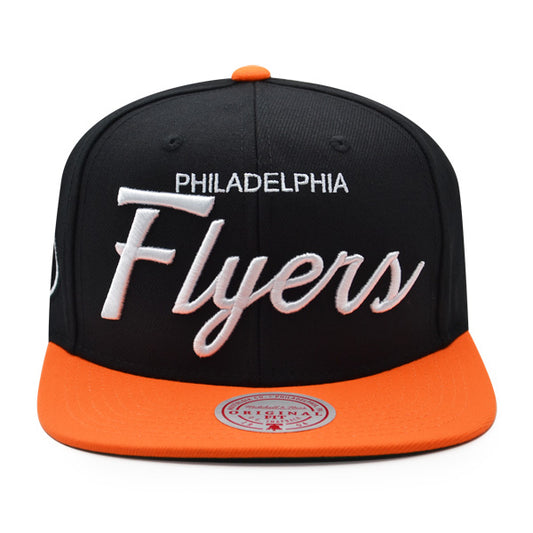 Philadelphia Flyers Mitchell & Ness NHL VINTAGE SCRIPT Snapback Adjustable Hat - Black/Orange