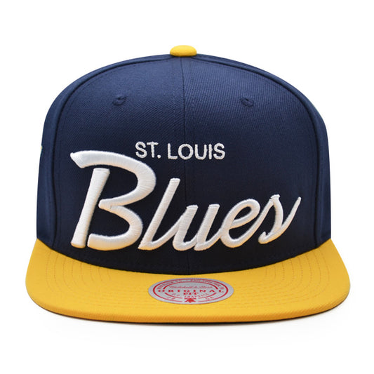 St.Louis Blues Mitchell & Ness NHL VINTAGE SCRIPT Snapback Adjustable Hat - Navy/Yellow