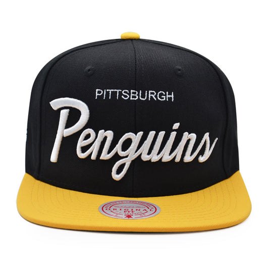 Pittsburgh Penguins Mitchell & Ness NHL VINTAGE SCRIPT Snapback Adjustable Hat -Black/Yellow