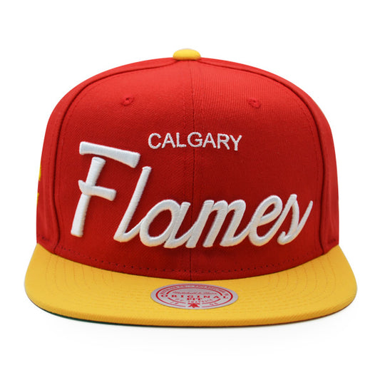 Calgary Flames Mitchell & Ness NHL VINTAGE SCRIPT Snapback Adjustable Hat -Red/Yellow