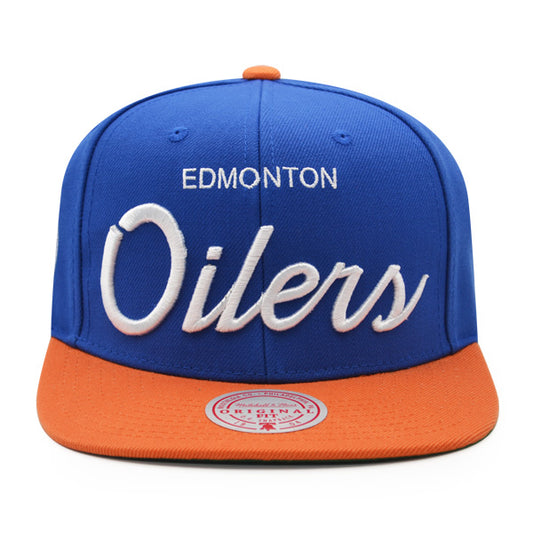 Edmonton Oilers Mitchell & Ness NHL VINTAGE SCRIPT Snapback Adjustable Hat -Royal/Orange