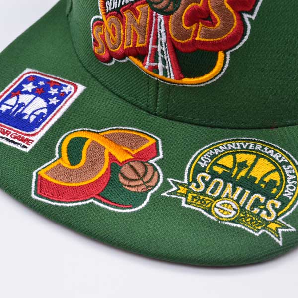 Seattle Supersonics Mitchell & Ness NBA FRONT LOADED Snapback Hat- Green/Red