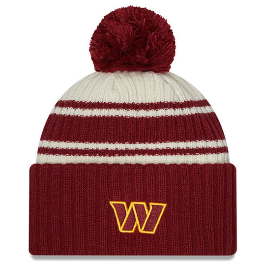 Washington Commanders New Era 2022 Sideline Sport Cuffed Pom Knit Hat - Cream/Burgundy